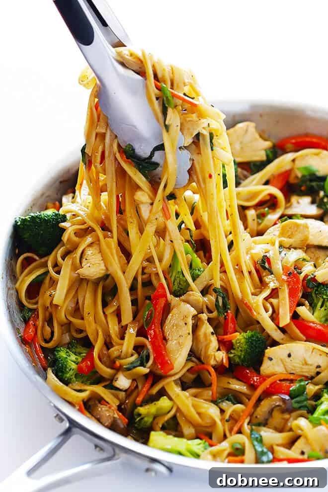 Tossing Sesame Chicken Noodle Stir-Fry Ingredients in a Pan