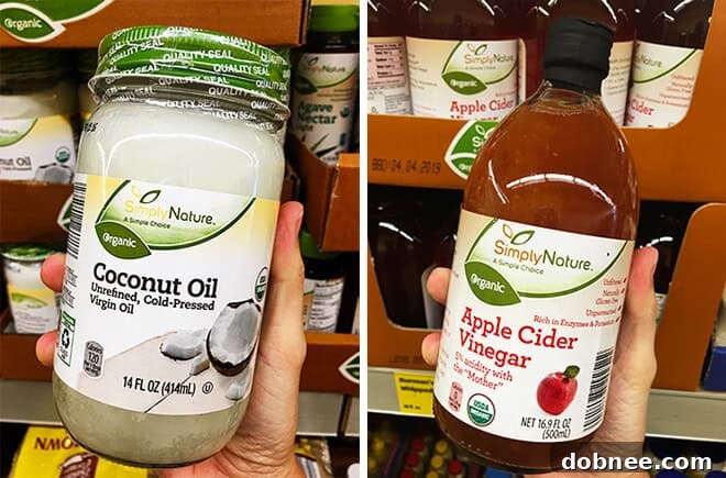 Aldi Coconut Oil Apple Cider Vinegar - Essential organic pantry items from ALDI, including coconut oil and apple cider vinegar.