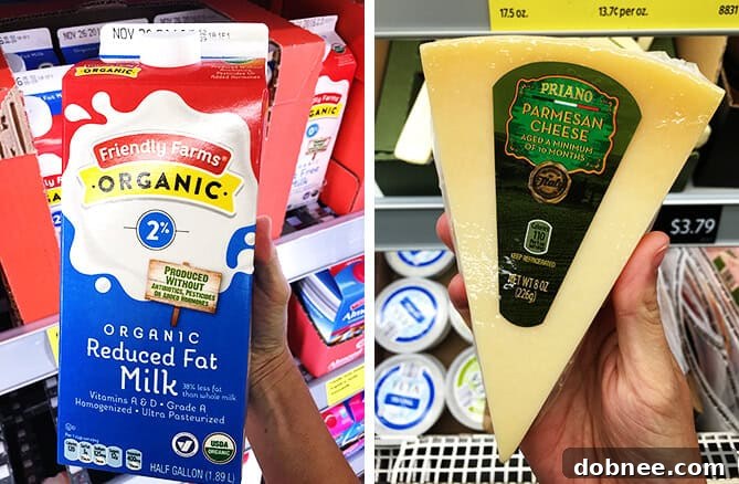 Aldi Milk and Parmesan - Organic milk options and a wedge of Parmesan cheese from ALDI.