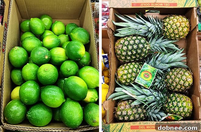 Aldi Limes and Pineapple - Fresh limes and a whole pineapple, examples of ALDI's affordable produce.