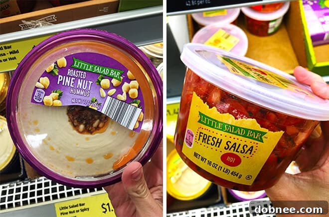 Aldi Hummus and Salsa - A vibrant display of ALDI's refrigerated dips, including various hummus flavors and fresh salsas.