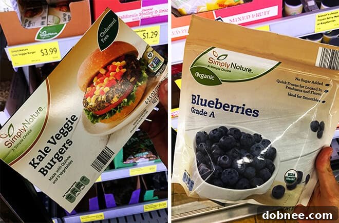 Aldi Veggie Burgers Frozen Strawberries Blueberries Fruit - A selection of ALDI's frozen foods, including veggie burgers and organic berries.
