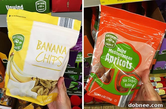 Aldi Dried Fruit Apricots Bananas - A selection of affordable dried fruits from ALDI, including apricots and banana chips.