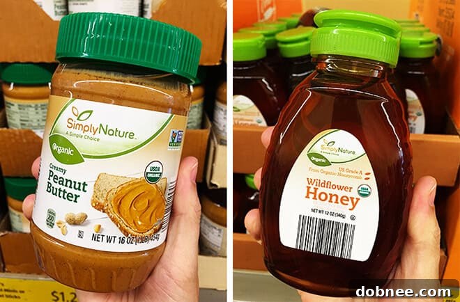 Aldi Nut Butters 1 - A display of ALDI's organic peanut butter, creamy almond butter, and organic wildflower honey.
