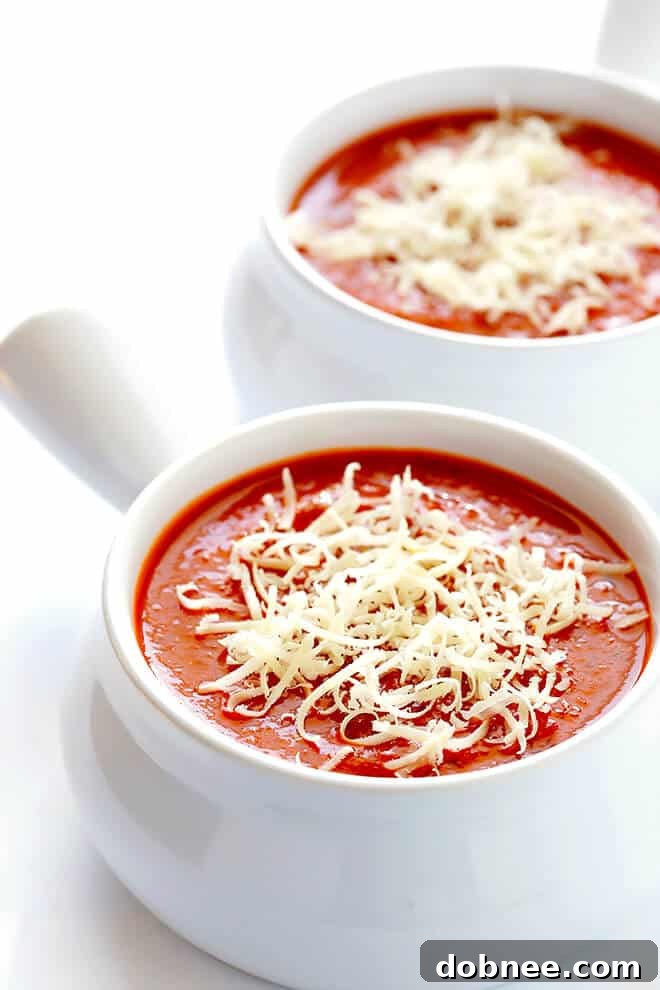 Serving suggestion for 20-Minute Tomato Soup, topped with generous amounts of freshly-grated Parmesan cheese and extra fresh basil.