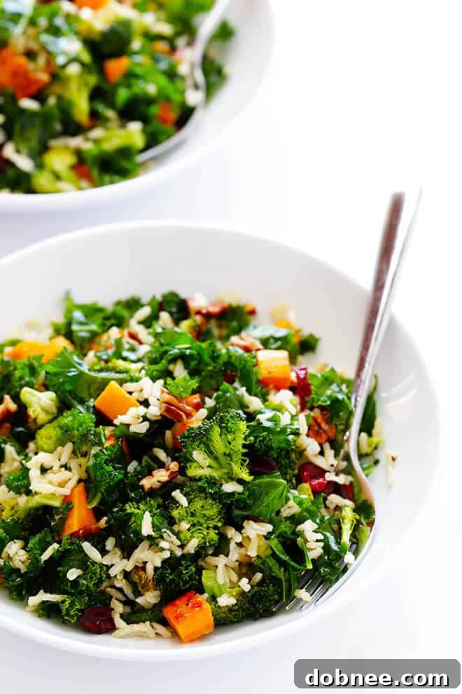 Hearty Autumn Kale Salad with Roasted Sweet Potatoes, Broccoli, and Brown Rice - perfect for fall.