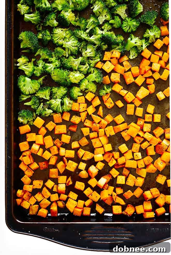 Roasted sweet potatoes and broccoli for the Autumn Kale Salad.