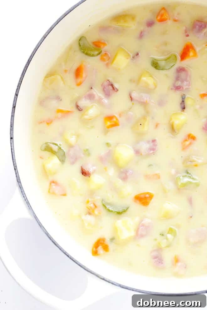 A beautifully garnished bowl of creamy ham and potato soup, ready to be enjoyed.