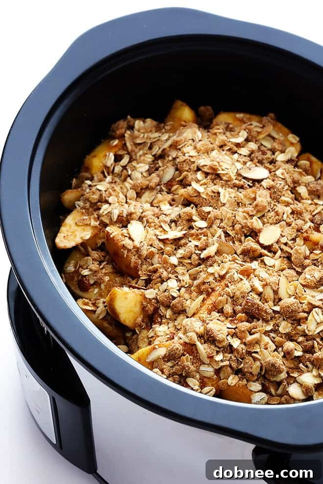 Layering the spiced apples evenly in the bottom of a slow cooker before adding the topping.