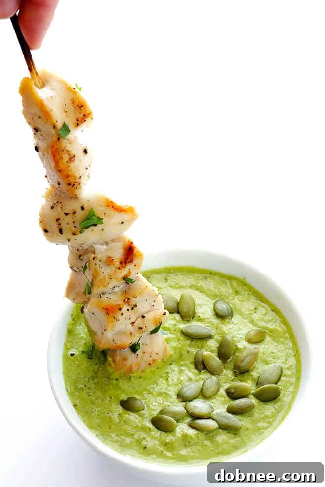 Chicken with Pumpkin Seed Sauce -- made with a yummy pepitas-tomatillo dipping sauce that is easy to make and full of the BEST flavors! | gimmesomeoven.com