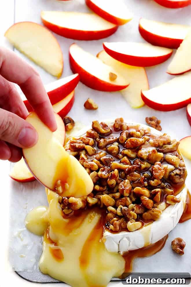This 10-Minute Caramel Apple Baked Brie recipe is super-easy to make with just 3 ingredients, and it's the perfect appetizer for any party! | gimmesomeoven.com