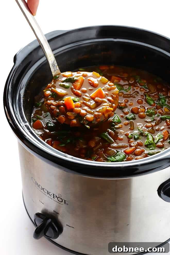 Delicious and healthy slow cooker curried lentil soup, ready in minutes with minimal prep, perfect for a hearty vegetarian and vegan meal. Learn how to make this flavorful crock-pot recipe.