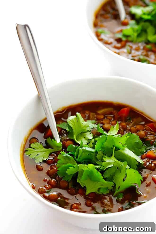 A vibrant bowl of Slow Cooker Curried Lentil Soup, garnished with fresh cilantro and a lemon wedge, embodying healthy and flavorful vegetarian comfort food.
