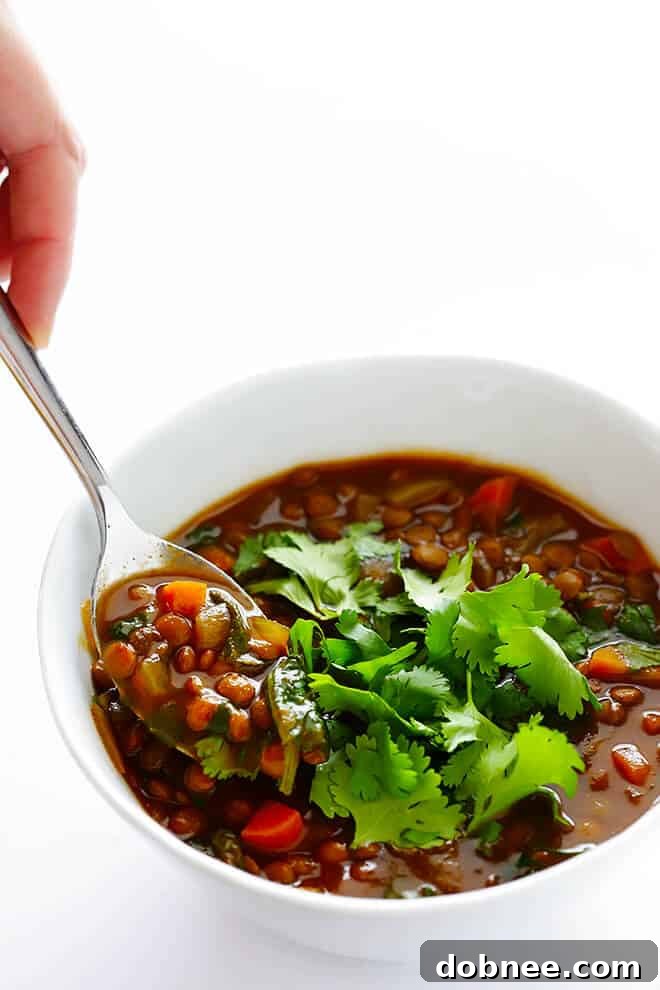 The finished Slow Cooker Curried Lentil Soup, garnished with vibrant fresh cilantro, ready to be served as a healthy, easy, and satisfying vegetarian meal.