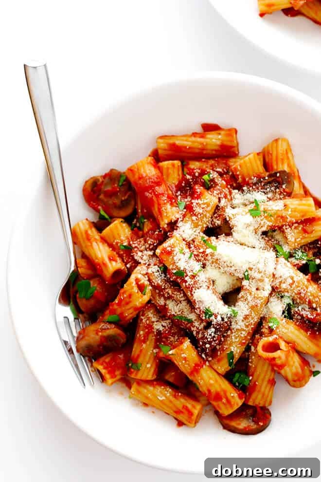 Rigatoni with Mushrooms, Rosemary and Parmesan -- a simple, flavorful, and hearty Italian pasta dish.