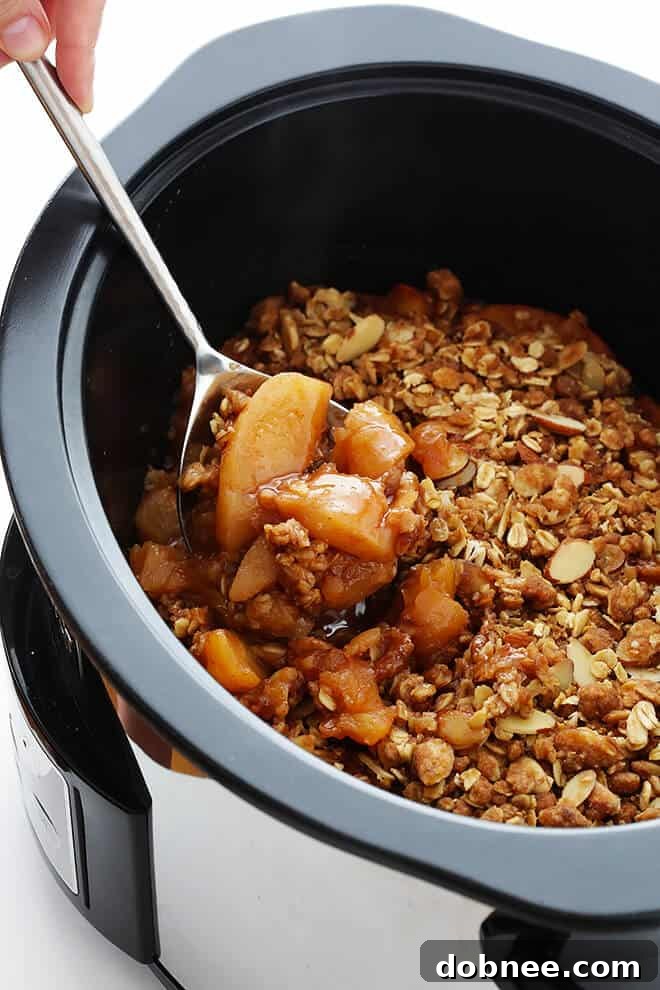 Crispy Slow Cooker Apple Crisp, a comforting holiday dessert.