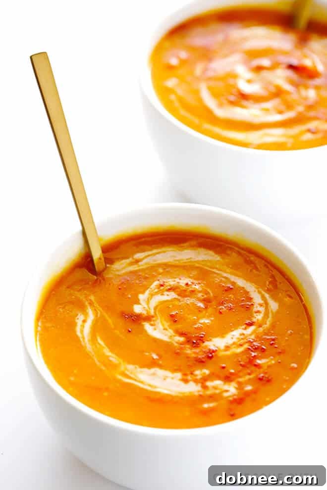 Creamy Slow Cooker Butternut Squash Soup, a perfect vegetarian and gluten-free Thanksgiving main.
