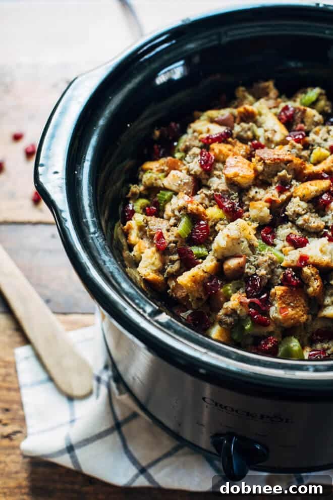 Slow Cooker Pear and Sausage Stuffing, a sweet and savory Thanksgiving side.