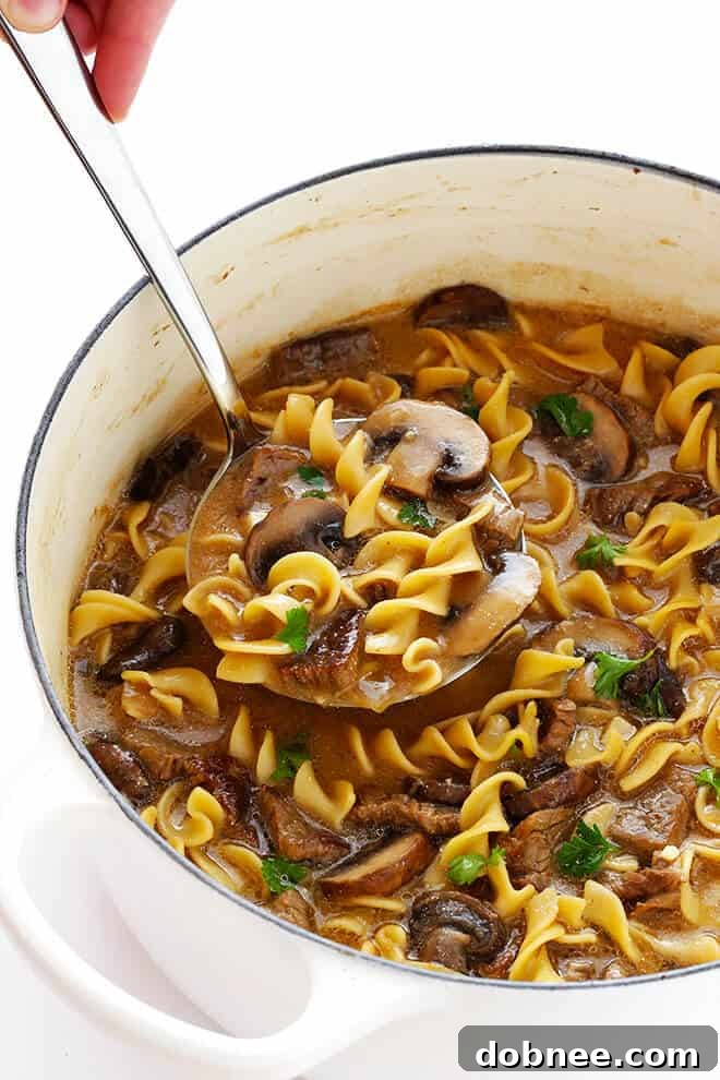 A beautiful bowl of creamy Beef Stroganoff Soup, garnished with fresh parsley, ready to be enjoyed as a satisfying dinner.