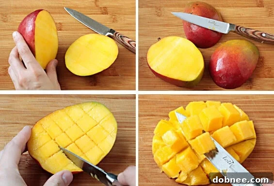 A close-up of diced mango cubes in a bowl, showing the perfect results of the cutting technique.