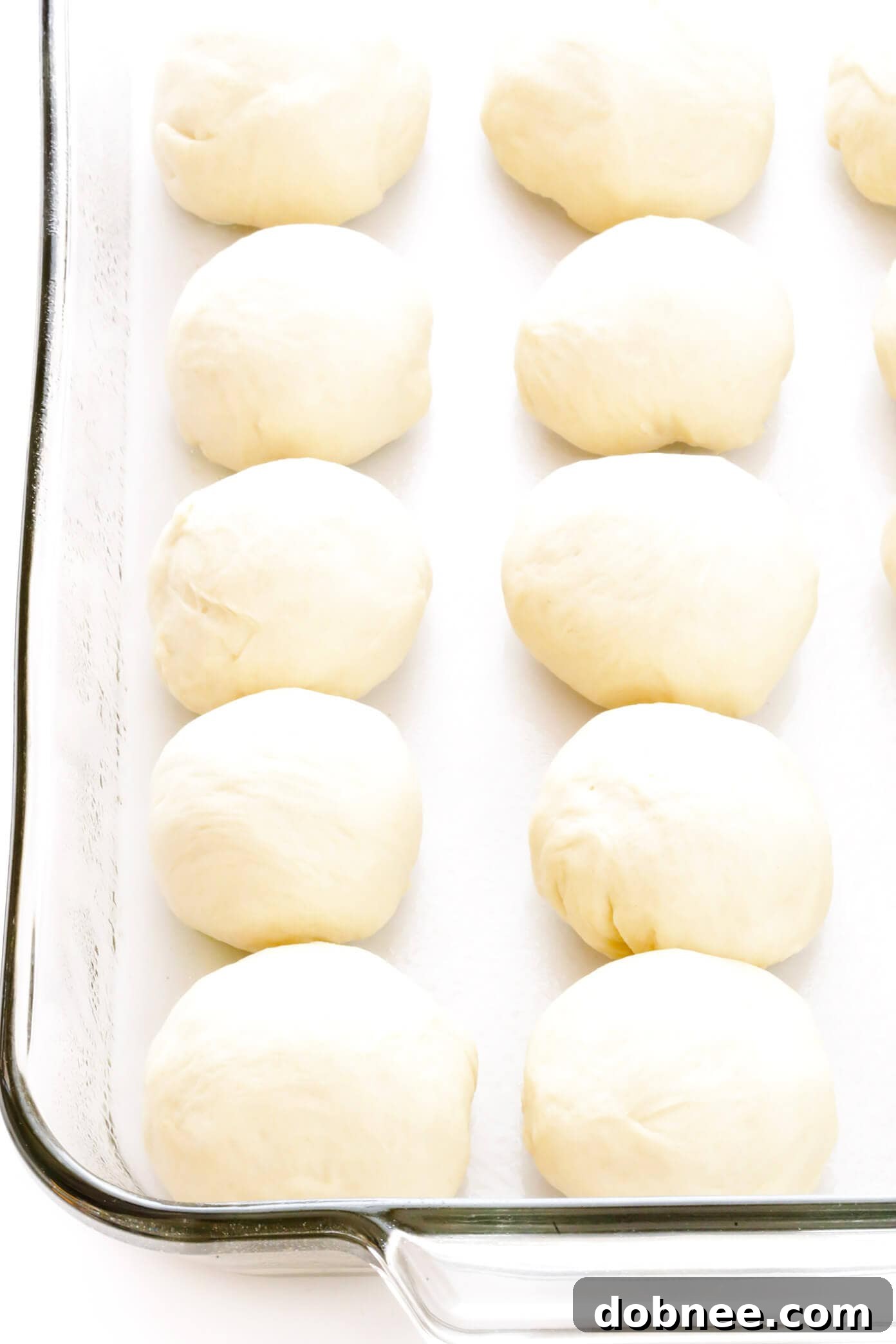 Raw dinner roll dough balls arranged neatly in a baking dish before the final rise and baking.