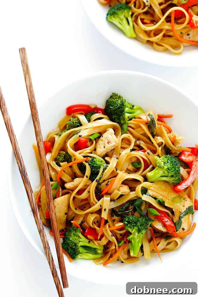 Chicken Noodle Stir Fry with crisp, fresh vegetables and onions