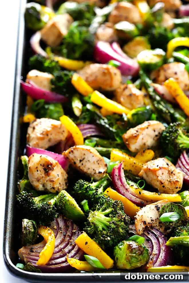 Freshly roasted Sheet Pan Chicken and Veggies Stir Fry hot out of the oven, displayed on the baking sheet, with vibrant colors and aromatic steam.