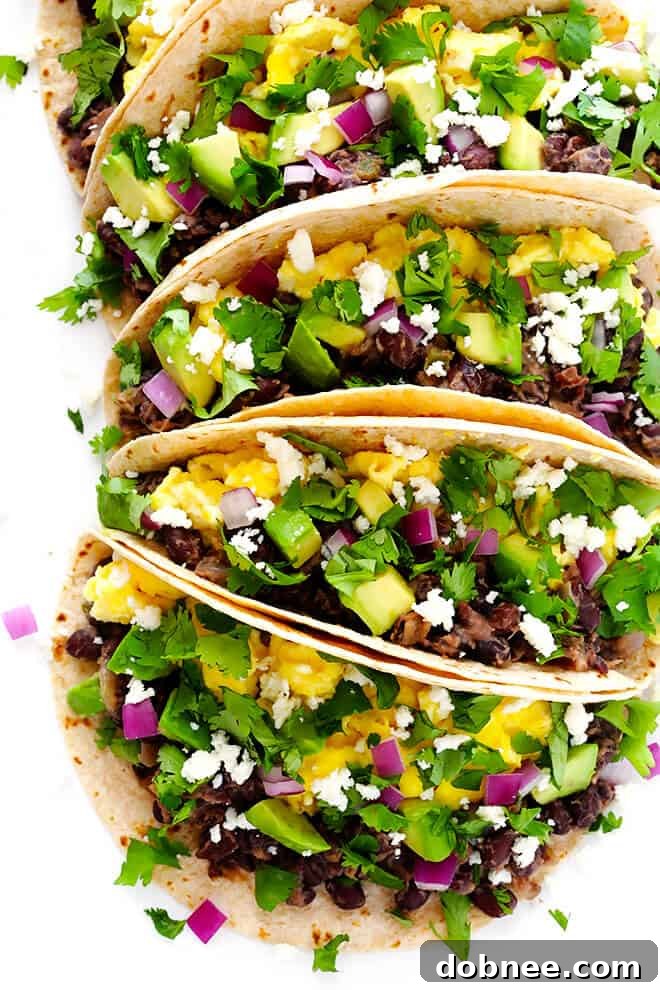 These easy Black Bean Breakfast Tacos are made with a zesty black bean filling, and you can top them with whatever you'd like! | gimmesomeoven.com