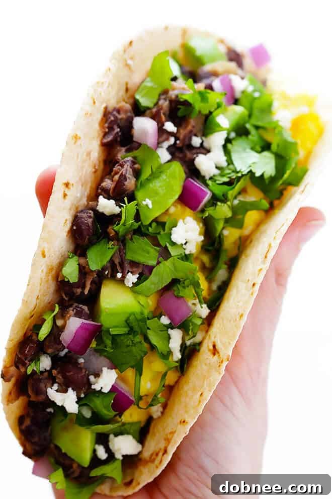 These easy Black Bean Breakfast Tacos are made with a zesty black bean filling, and you can top them with whatever you'd like! | gimmesomeoven.com