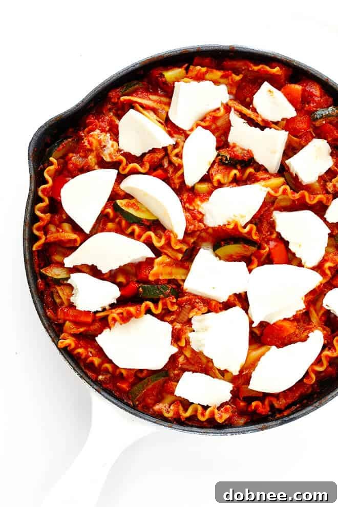 Our Skillet Veggie Lasagna recipe starts with a vibrant mix of sautéed vegetables.
