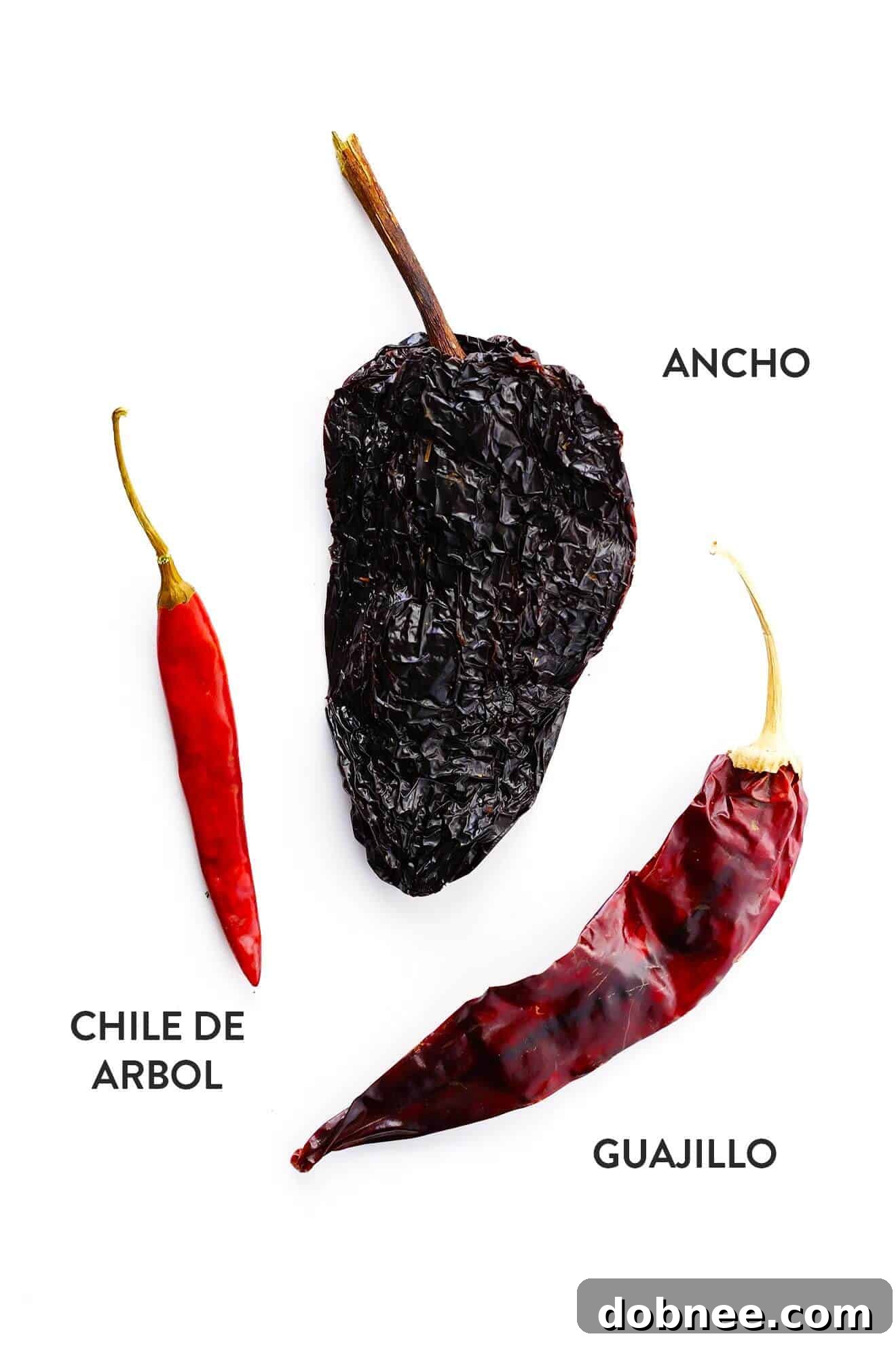 Assortment of dried chiles: ancho, guajillo, and chile de arbol, beautifully arranged and essential for authentic Pozole Rojo
