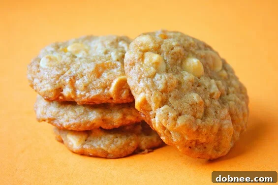 Deliciously baked oatmeal apricot white chocolate cookies on a cooling rack