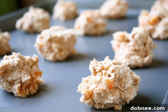 Close-up detail of unbaked oatmeal cookie dough, showcasing the white chocolate and dried apricots