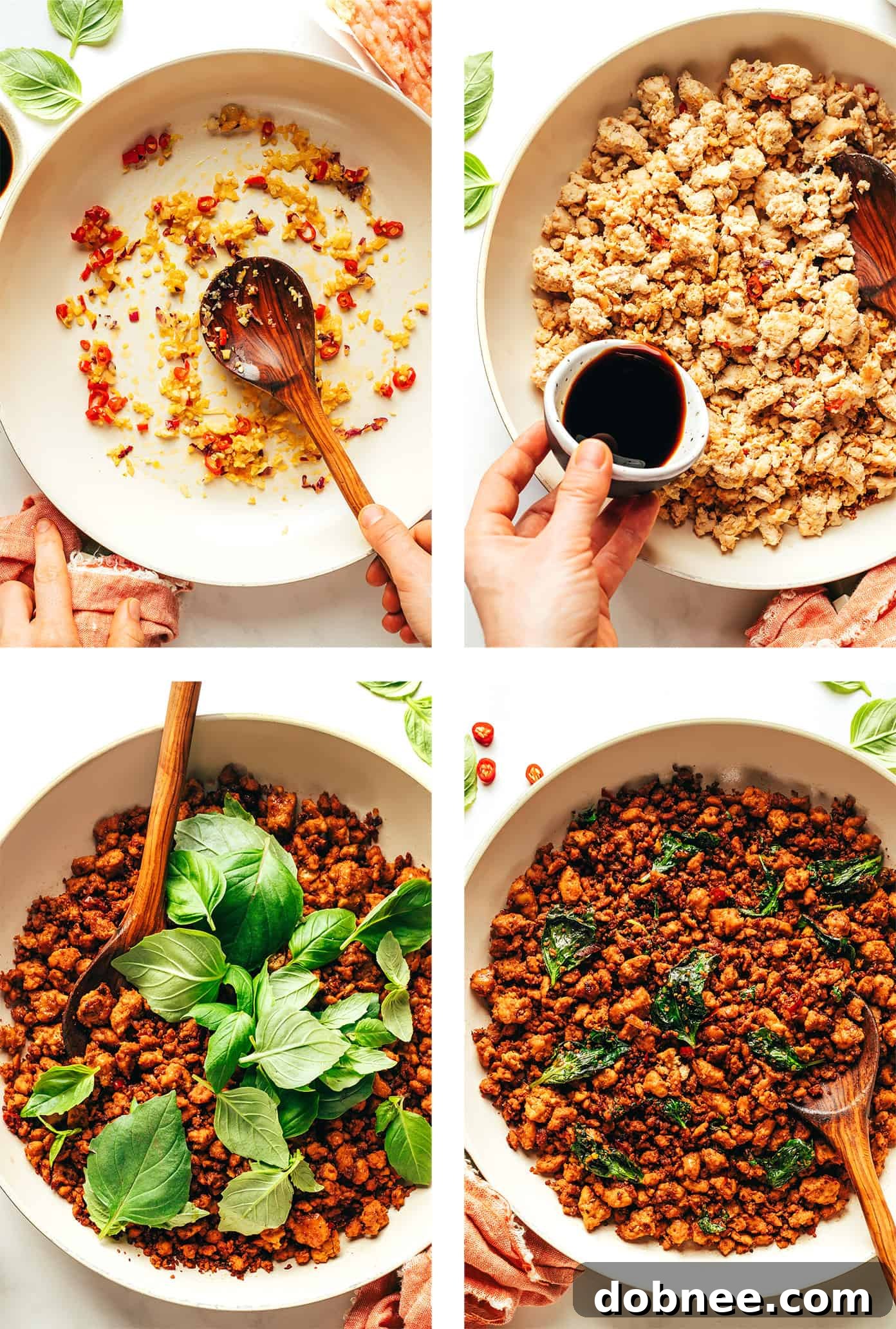 A selection of fresh ingredients including garlic, shallots, and Thai bird chilies, ready for mincing and cooking to create the aromatic base for a Thai stir-fry.