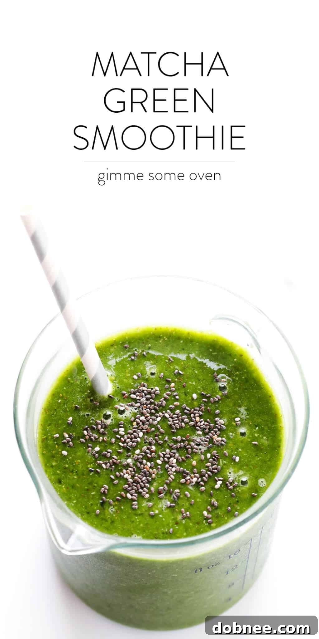 A close-up of the freshly made Matcha Ginger Green Smoothie, garnished with chia seeds, highlighting its vibrant green color.