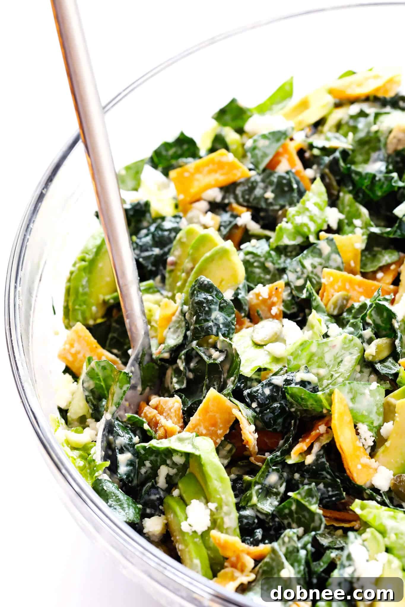 This Mexican Caesar Salad is a flavor explosion! Loaded with creamy avocado, crispy tortilla strips, toasted pepitas, zesty cotija cheese, and a refreshing Greek Yogurt Lime Caesar Dressing, it's an amazing recipe.