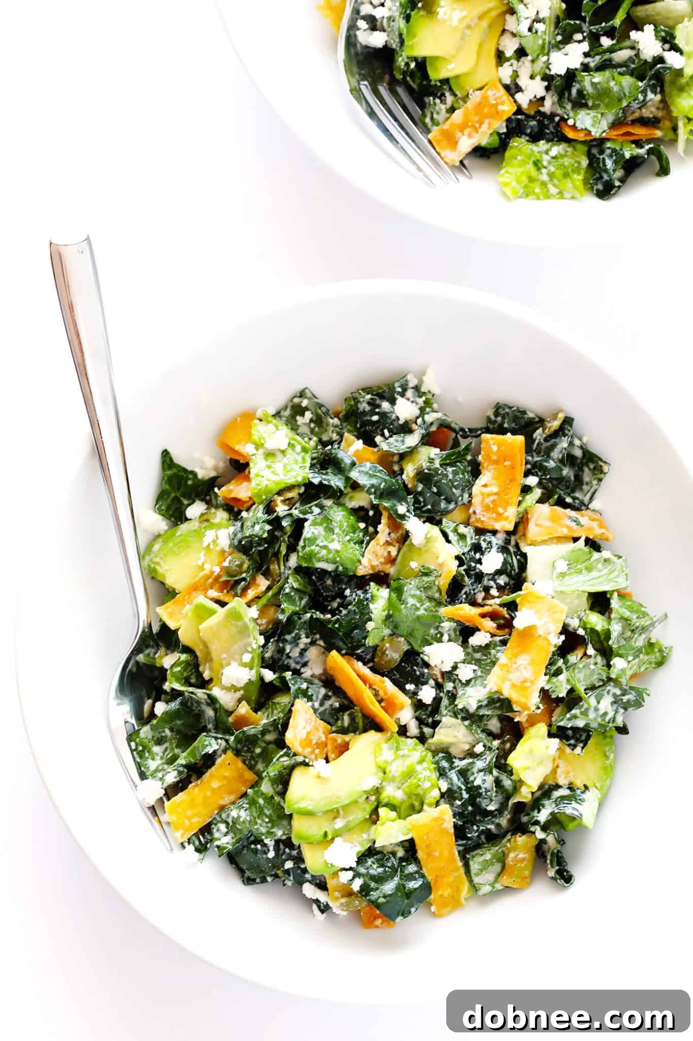 The ultimate Mexican Caesar Salad recipe! Featuring fresh avocado, crispy tortilla chips, healthy kale, toasted pepitas, flavorful queso fresco, and a delicious Greek Yogurt Lime Caesar Dressing. You'll love it!