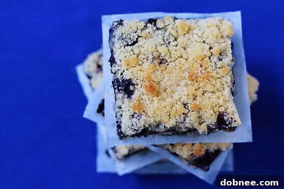 Delicious Blueberry Crumb Bars fresh out of the oven, topped with golden streusel.