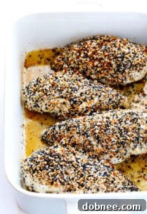 Golden baked chicken breasts coated in everything bagel seasoning, served on a plate.