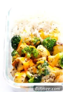 Cheesy Broccoli, Chicken and Rice Bowls in meal prep containers