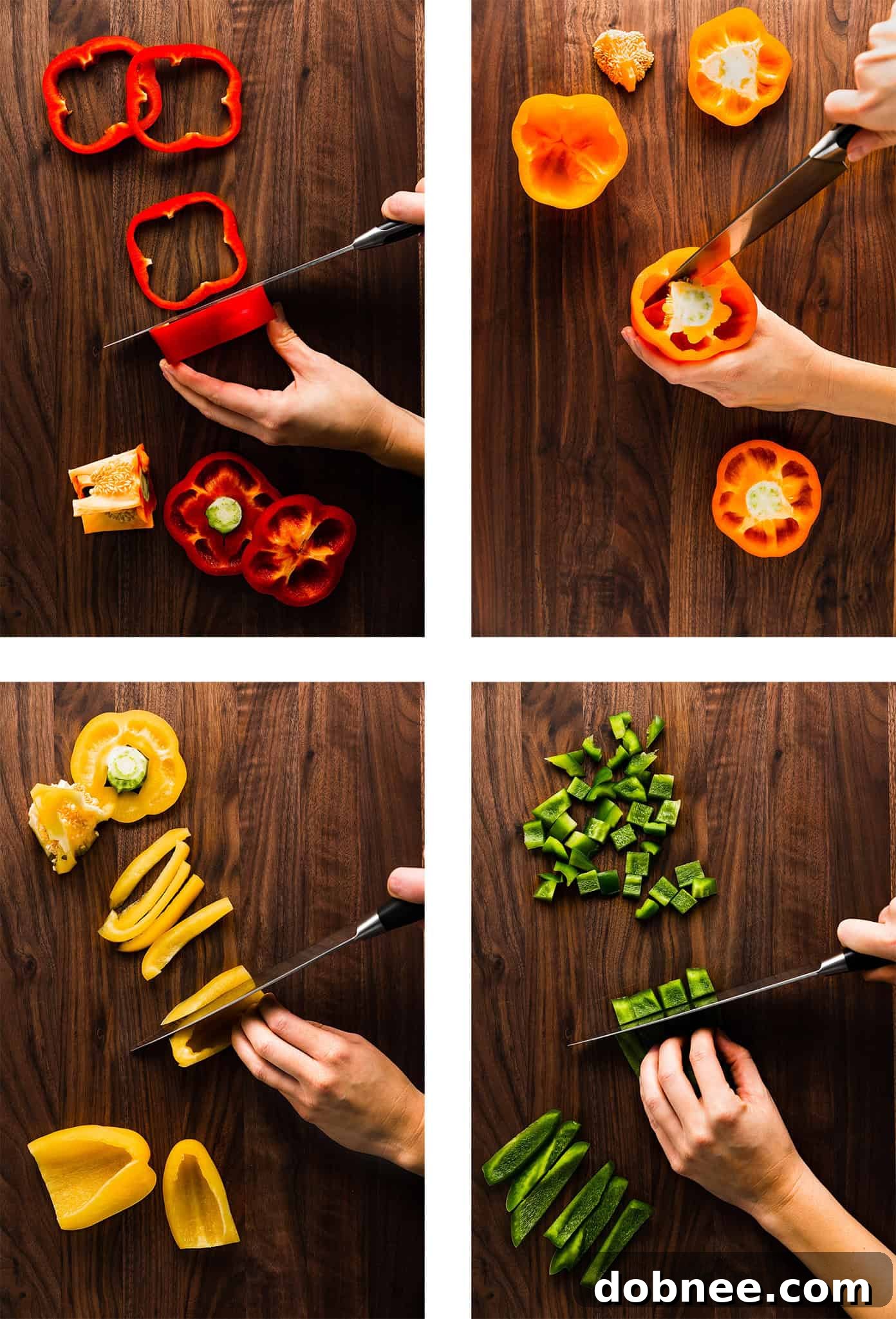 Expertly cut bell pepper strips and dices, showcasing even cuts.