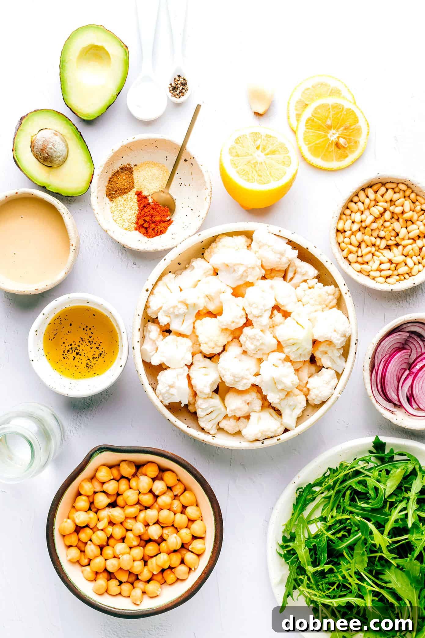 Close-up of freshly roasted cauliflower and chickpeas, seasoned to perfection