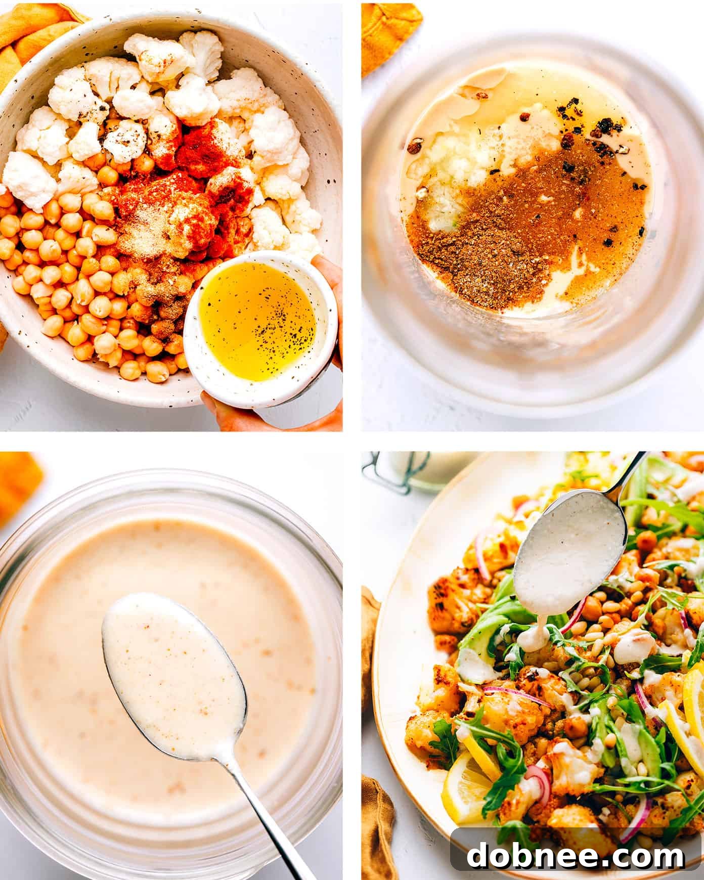 Various salad ingredients including roasted cauliflower, chickpeas, arugula, avocado, and red onion, artfully arranged