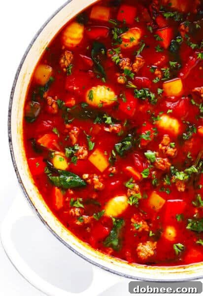 A bowl of vibrant Italian Sausage, Gnocchi and Tomato Soup, garnished with fresh herbs and Parmesan, served with crusty bread.