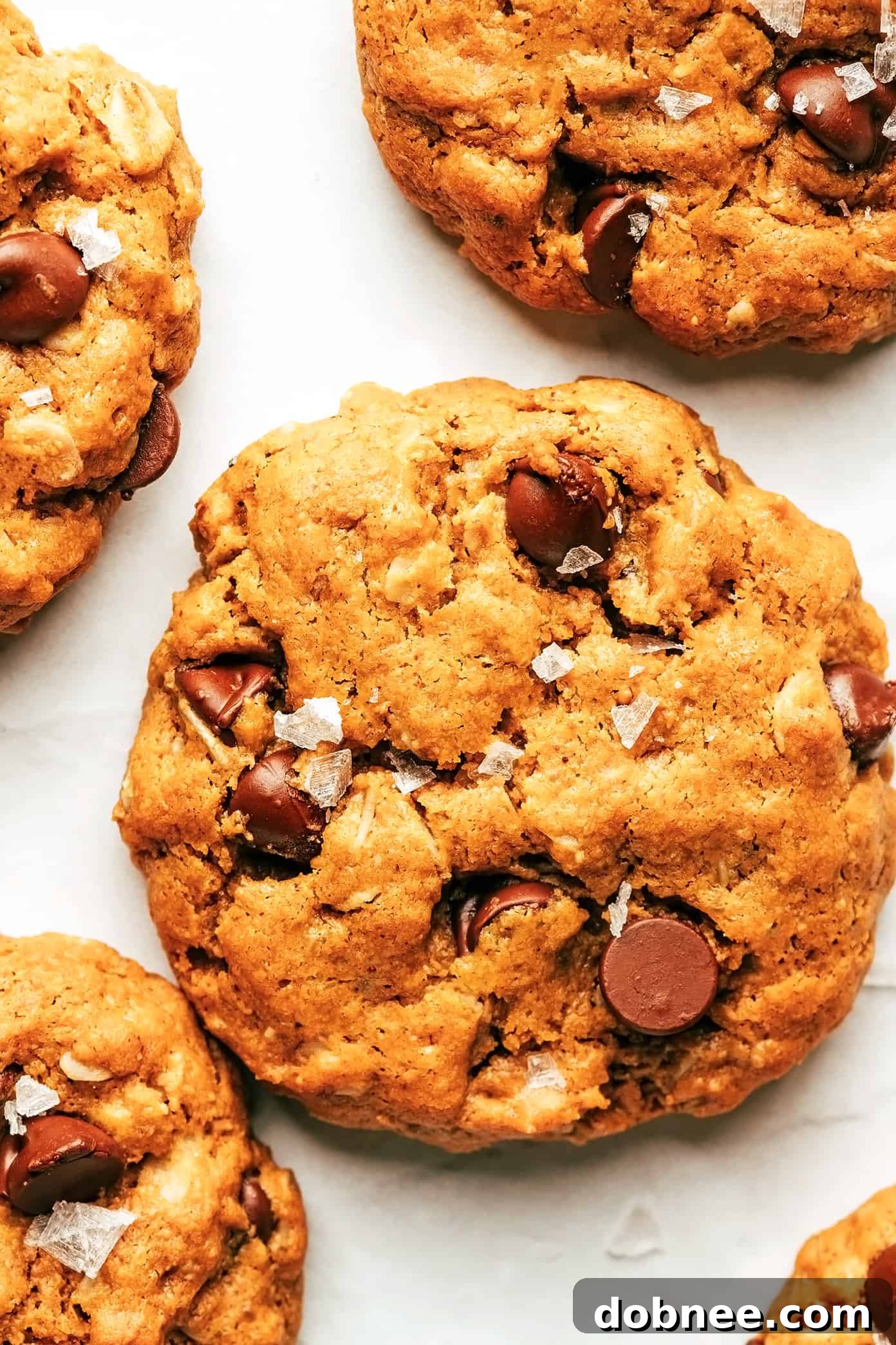 Closeup of healthy peanut butter cookies with chocolate chips and flaky sea salt
