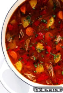 A bowl of Mexican Vegetable Beef Soup garnished with avocado and cilantro.
