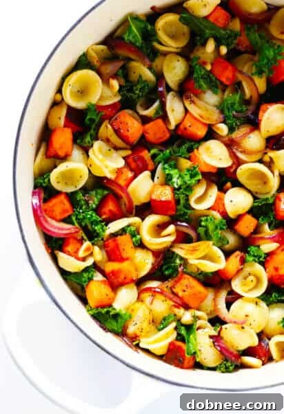 Pasta with Caramelized Sweet Potatoes, Kale and Parmesan (Vegetarian)