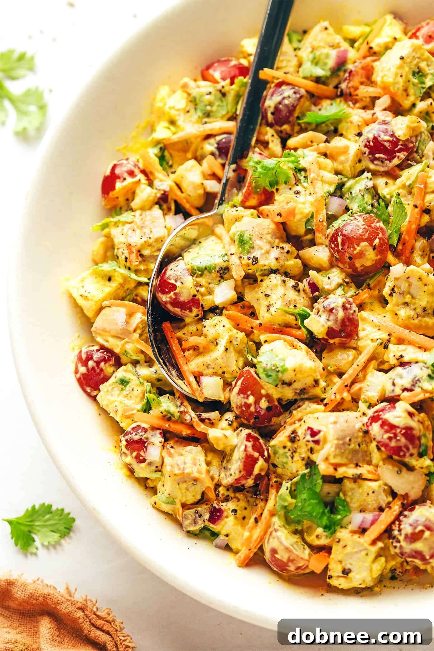 Healthy Curry Chicken Salad featuring diced chicken, grapes, carrots, cashews, red onions, and a creamy Greek yogurt curry sauce.