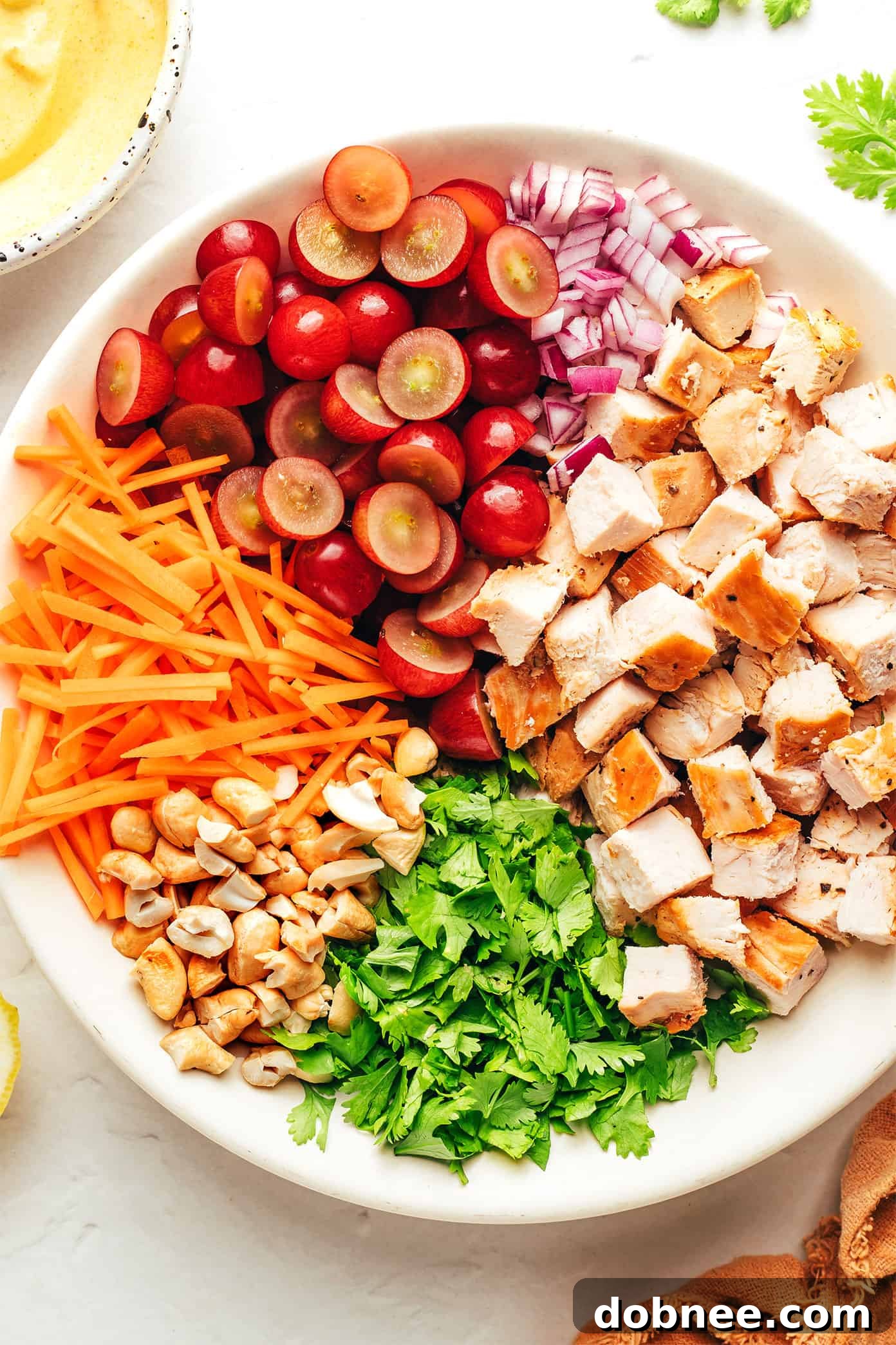 Close-up of healthy curry chicken salad ingredients in a bowl, perfectly mixed and ready to serve.