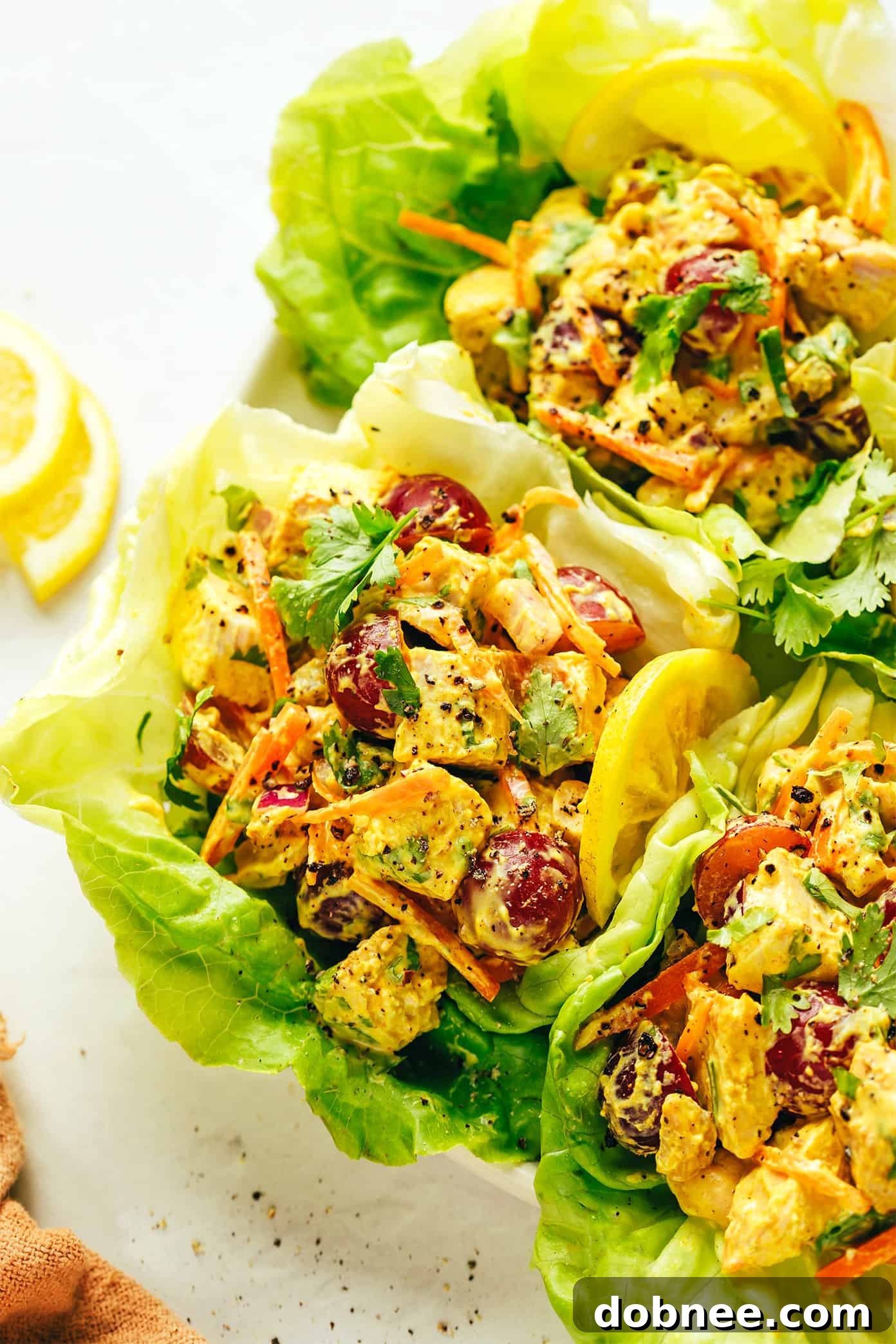 Healthy Curry Chicken Salad served in crisp lettuce wraps, garnished with fresh cilantro.